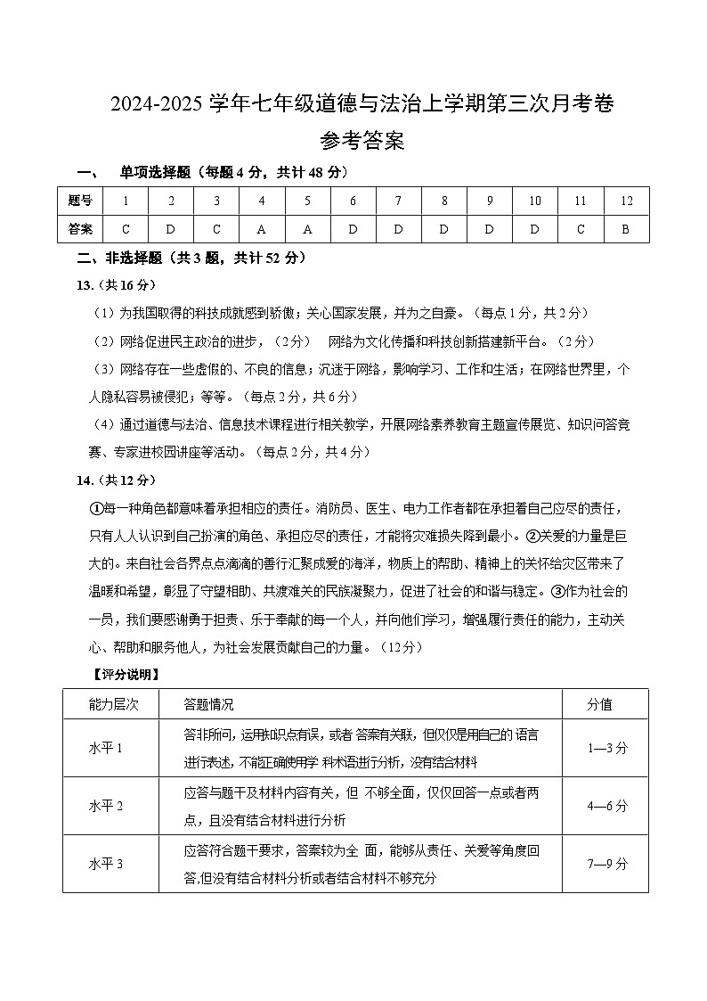 八年级道德与法治第三次月考卷（参考答案）（山西专用）第1页
