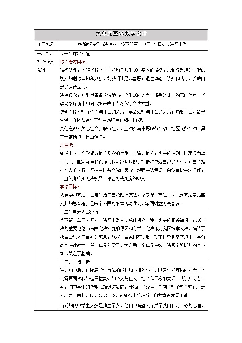 【大单元整体教学】统编版道德与法治八年级下册第一单元 坚持宪法至上 整体教学设计第1页