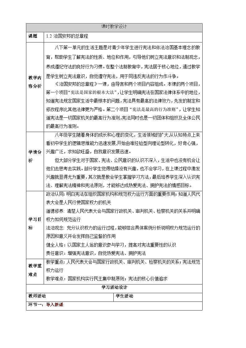 【大单元整体教学】1.2 治国安邦的总章程 教学设计（表格式）人教版八年级道德与法治 下册第1页