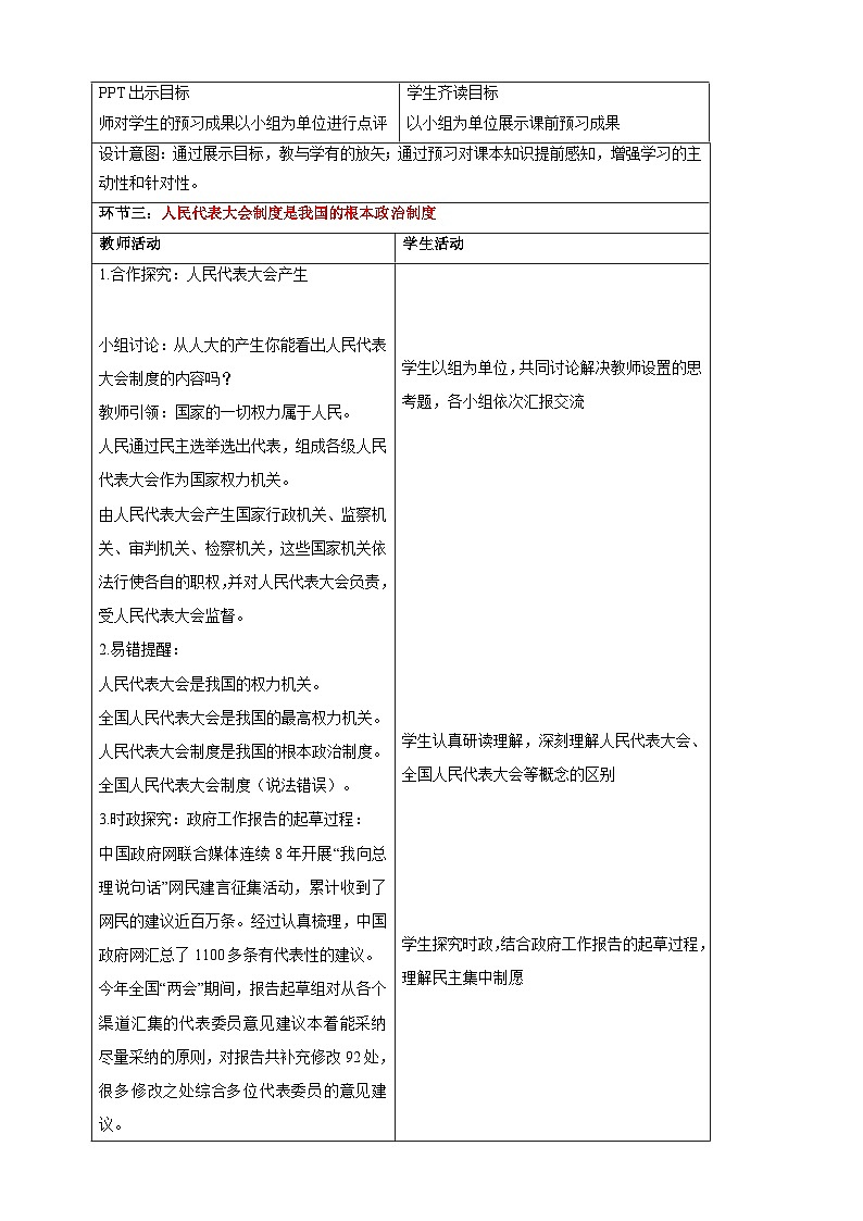 【大单元整体教学】5.1 根本政治制度 教学设计（表格式）人教版八年级道德与法治 下册第2页