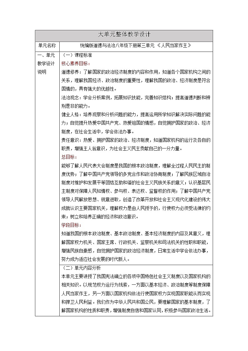 【大单元整体教学】统编版道德与法治八年级下册第三单元 人民当家作主 整体教学设计第1页