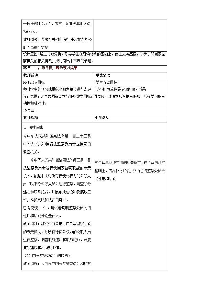 【大单元整体教学】6.4 国家监察机关 教学设计（表格式）人教版八年级道德与法治 下册第2页