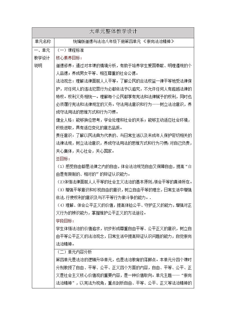 【大单元整体教学】统编版道德与法治八年级下册第四单元 崇尚法治精神 整体教学设计第1页