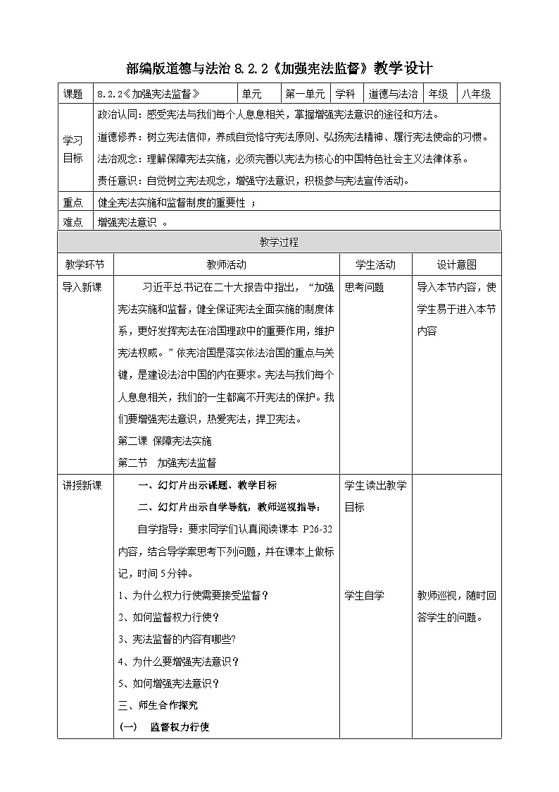 8.2.2《加强宪法监督》教学设计（核心素养目标）第1页