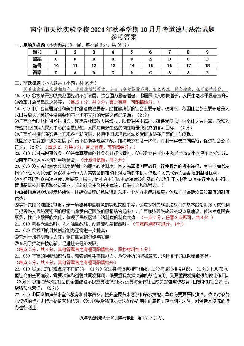 南宁市天桃实验学校2024年秋季学期10月月考道德与法治试题参考答案第1页