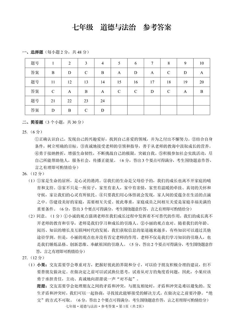 2024-2025学年上学期七年级期中考试道德与法治试题卷参考答案第1页