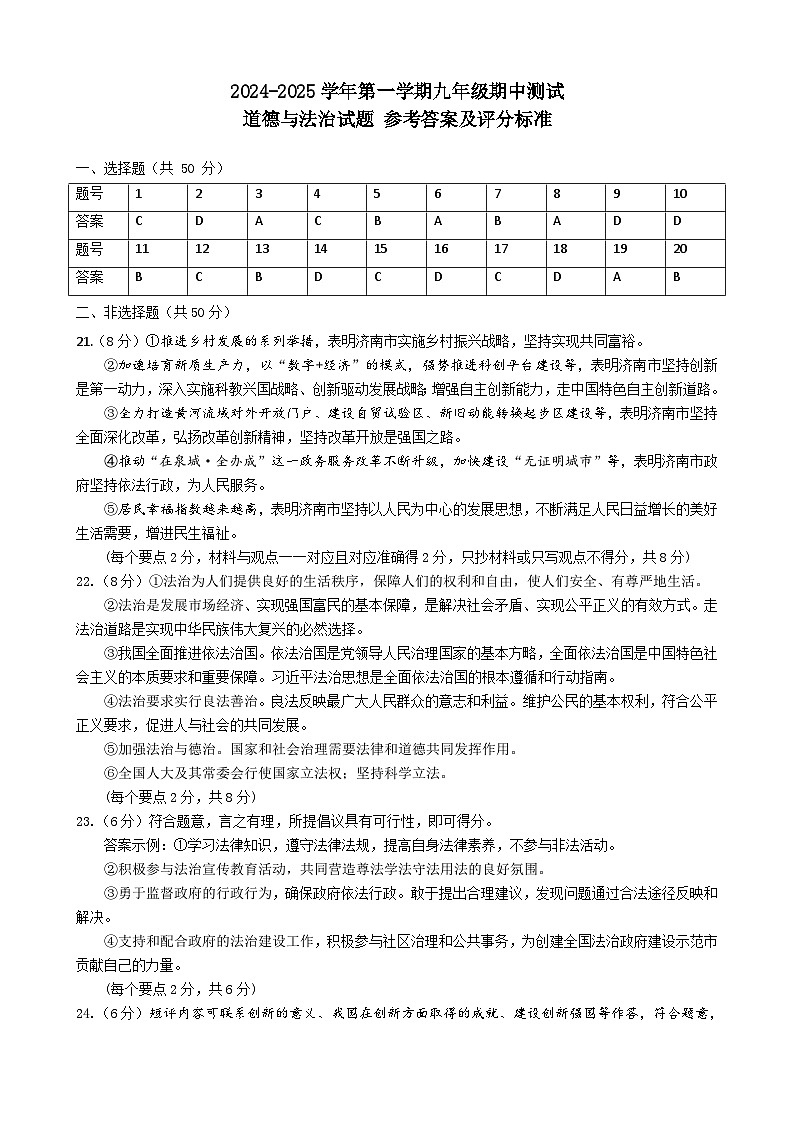 九年级期中测试道德与法治试题 参考答案(1)第1页