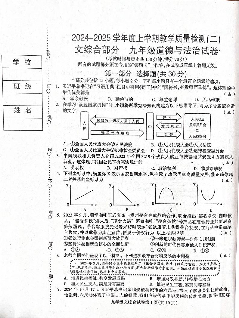 辽宁省抚顺市清原满族自治县2024-2025学年九年级上学期11月月考综合道德与法治试题第1页