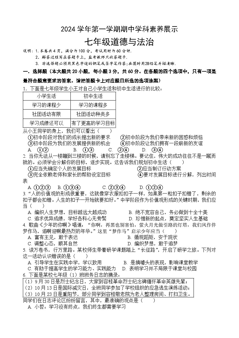 （七年级道法）2024学年第一学期期中学科素养展示第1页
