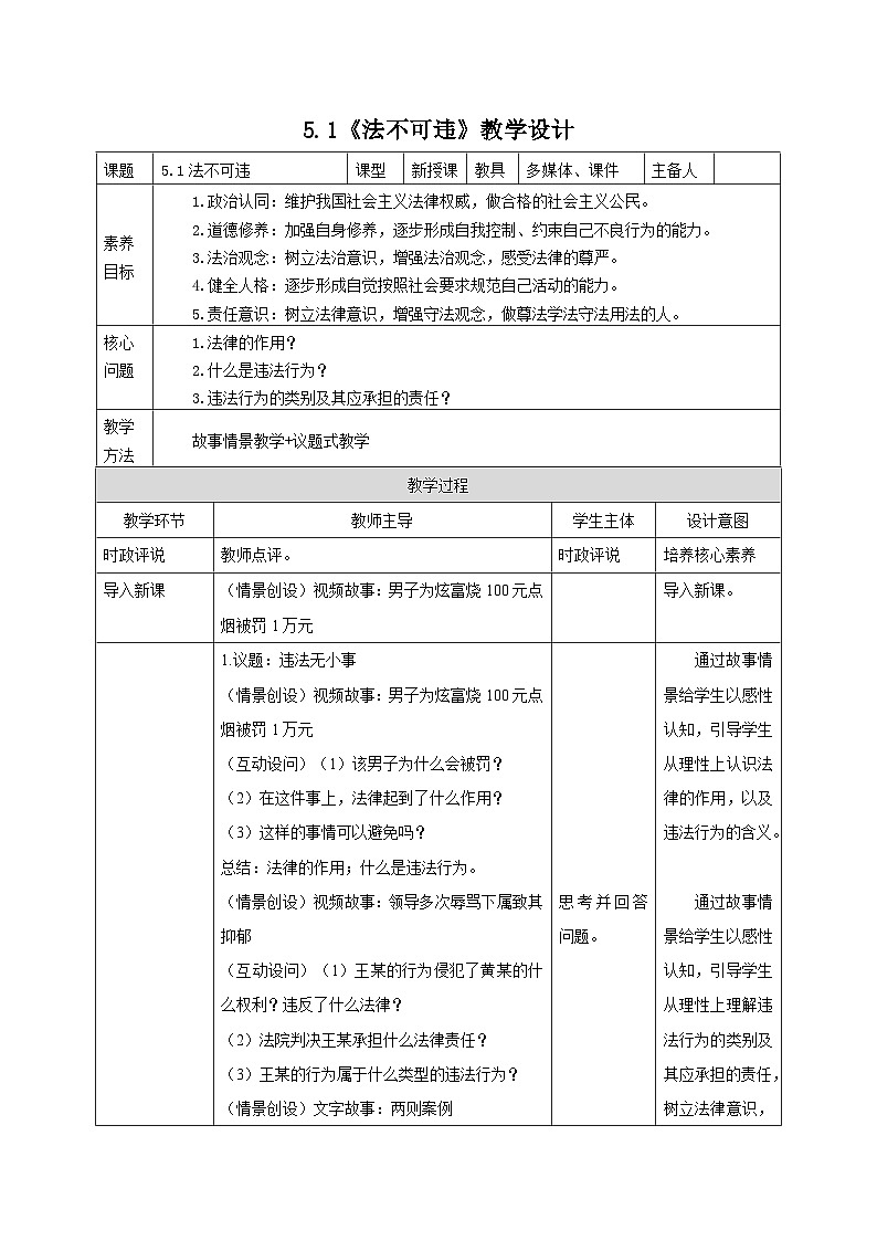 部编人教版初中道德与法治八年级上册8.5.1法不可违（教案）第1页