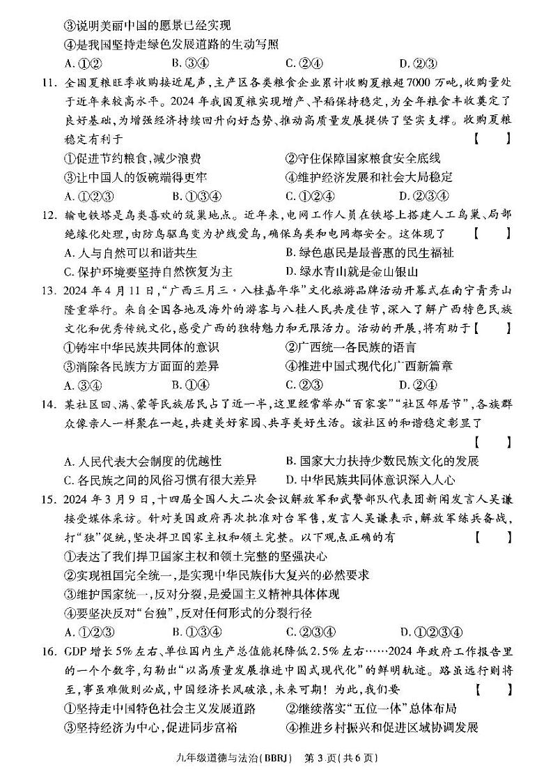 河南省驻马店市泌阳县部分中学2024-2025学年九年级上学期12月月考道德与法治试题第3页