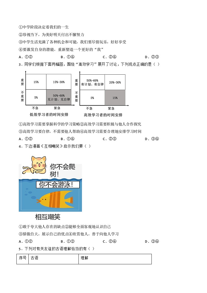 七年级道德与法治期末模拟卷01（考试版）【测试范围：七上】A4版第2页