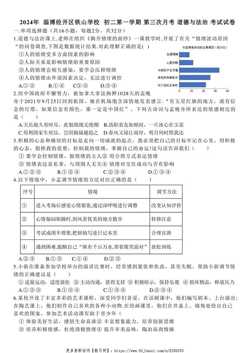 2024～2025学年山东省淄博市张店区铁山学校(五四学制)七年级(上)12月月考政治试卷(无答案)第1页