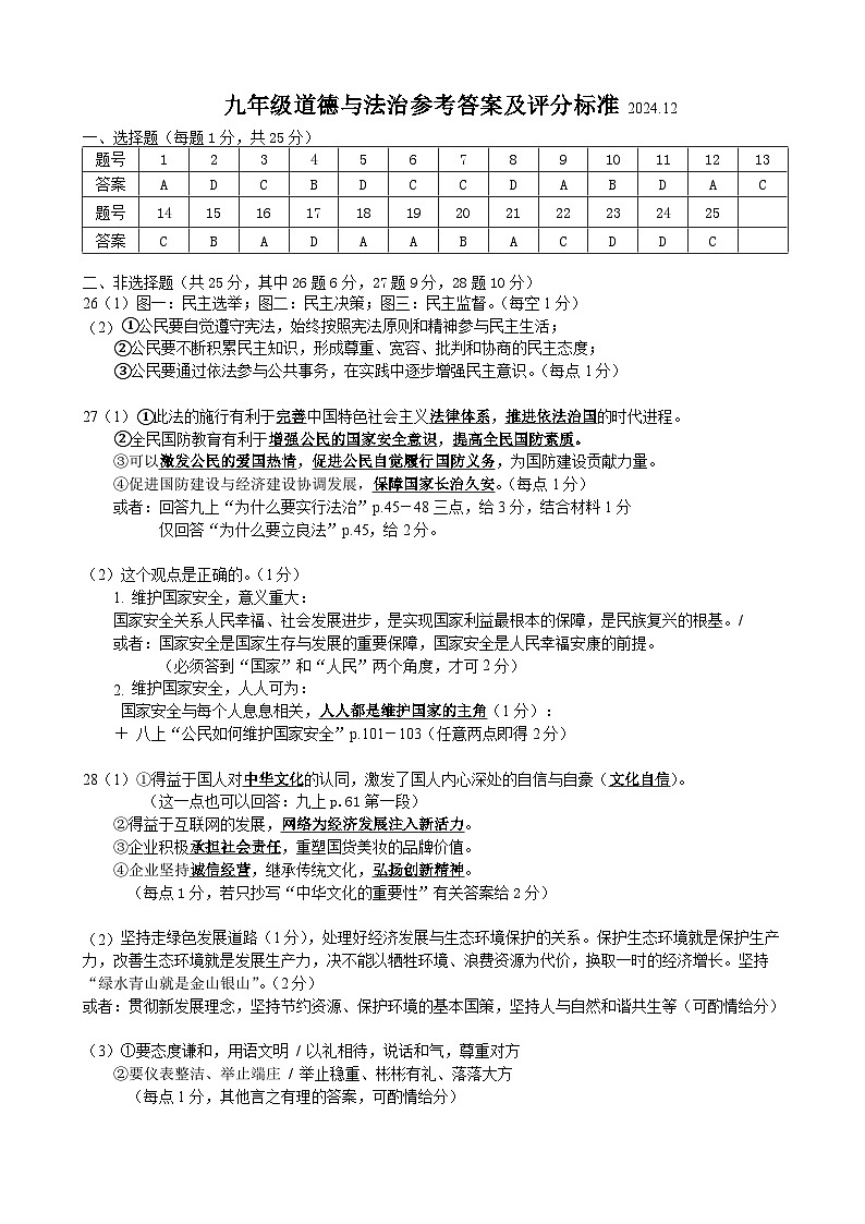 九年级道德与法治参考答案 2024.12第1页