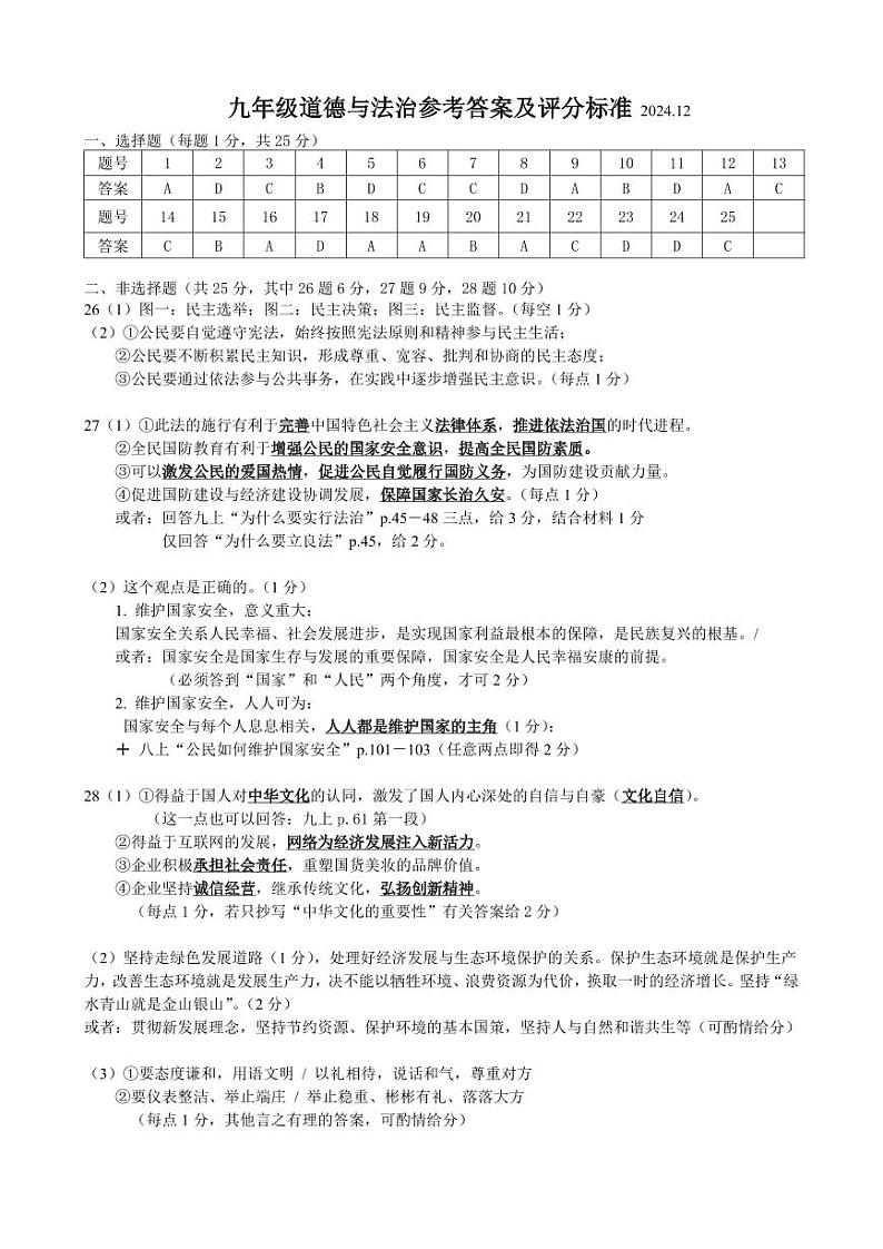 九年级道德与法治参考答案 2024.12第1页