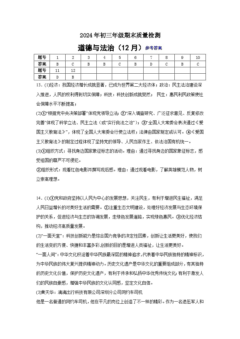2024年初三年级期末质量检测道德与法治试卷（12月）参考答案第1页