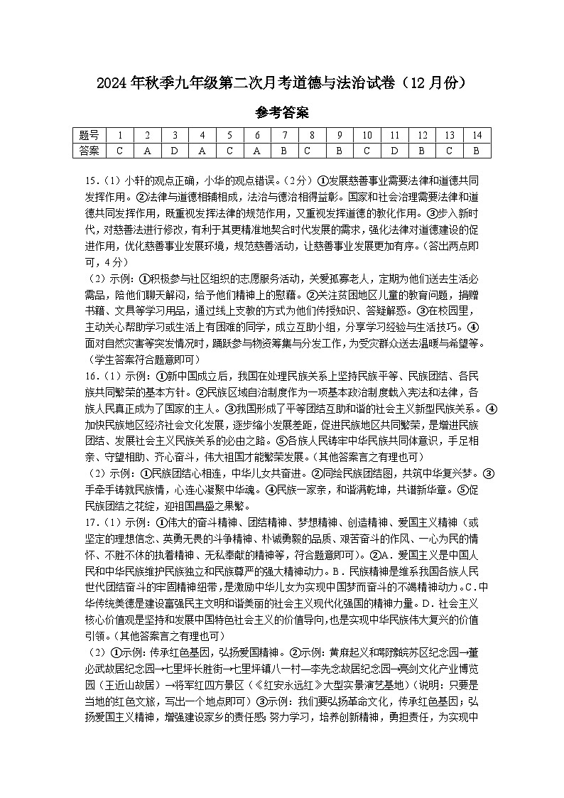 湖北省黄冈市黄梅县部分学校2024-2025学年九年级上册第二次月考道法与法治试卷(12月份）参考答案第1页