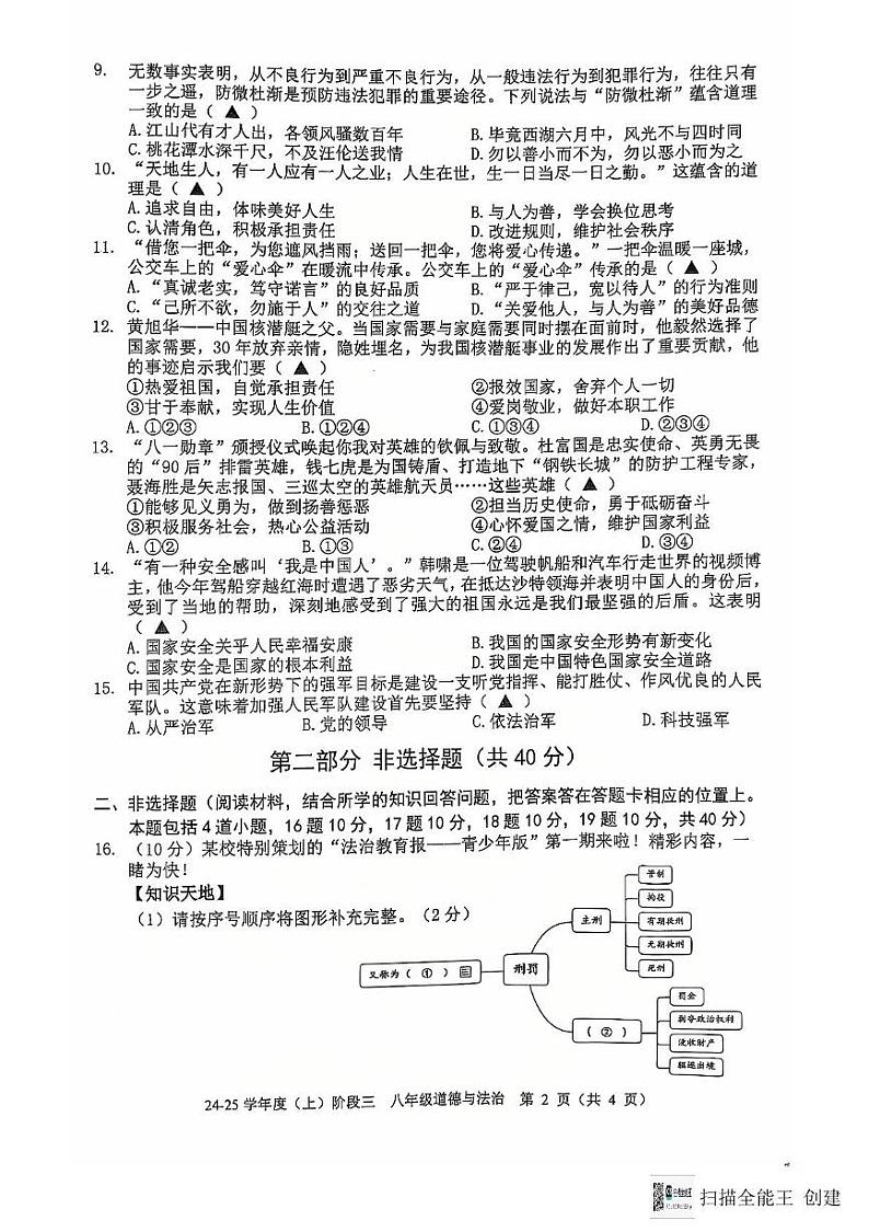 辽宁省沈阳市、抚顺市（新抚区）校联考 2024-2025学年八年级上学期12月月考道德与法治试题第2页