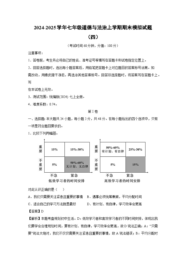 2024-2025学年七年级(上)期末模拟(四)道德与法治试卷(解析版)第1页