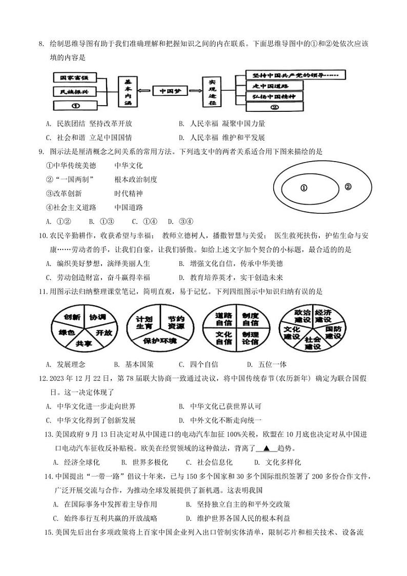 2024～2025学年江苏省连云港市灌南县教育联盟校九年级(上)12月月考政治试卷(含答案)第2页