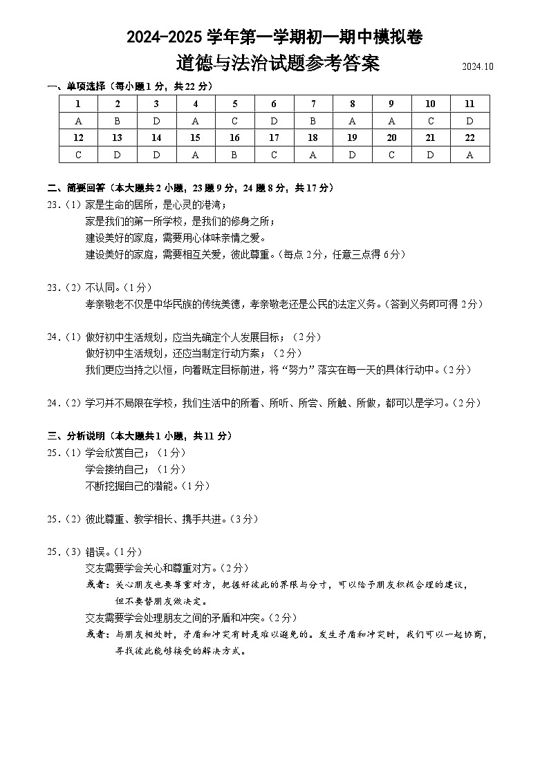 江苏省苏州工业园区星海实验初级中学2024-2025学年七年级上学期10月练习道德与法治试卷答案第1页