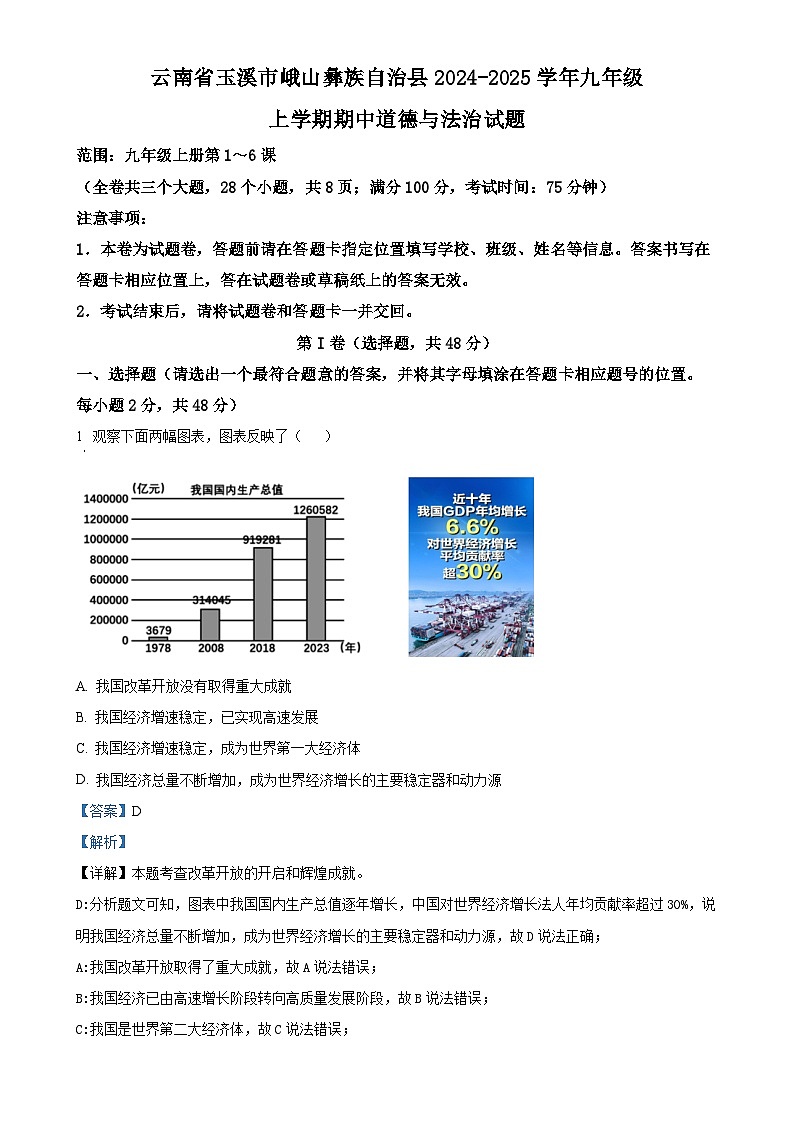 云南省玉溪市峨山彝族自治县2024-2025学年九年级上学期期中道德与法治试题（解析版）-A4第1页
