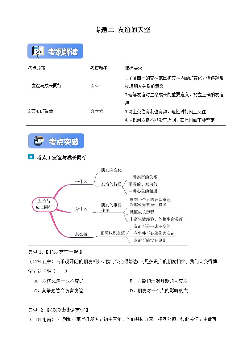 专题二 友谊的天空（含解析）-【新课标·新思维】2025年中考道德与法治一轮复习学案（含解析）第1页