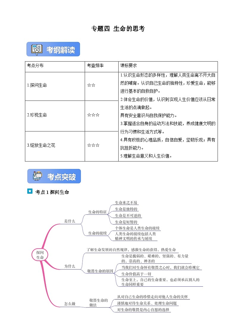 专题四 生命的思考（含解析）-【新课标·新思维】2025年中考道德与法治一轮复习学案（含解析）第1页