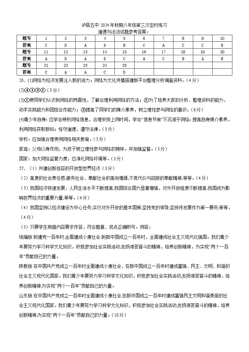 泸县五中2024年秋期八年级第三次定时道德与法治试题答案第1页