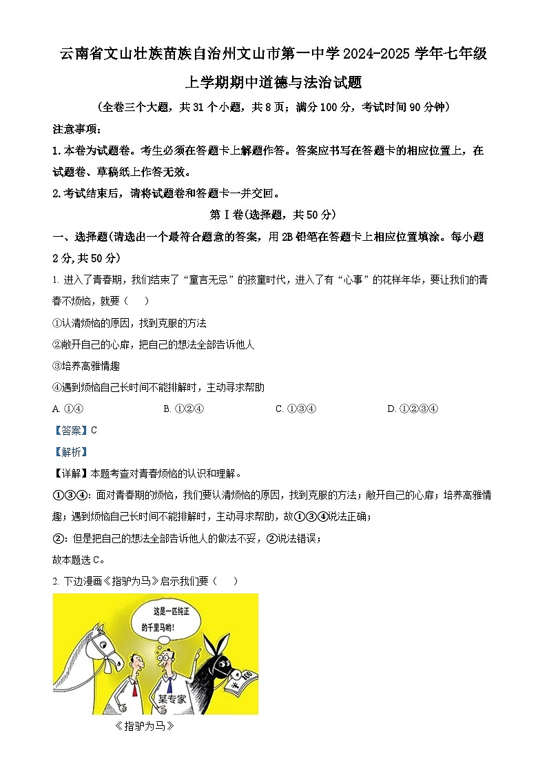 云南省文山壮族苗族自治州文山市第一中学 2024-2025学年七年级上学期期中道德与法治试题（解析版）-A4第1页