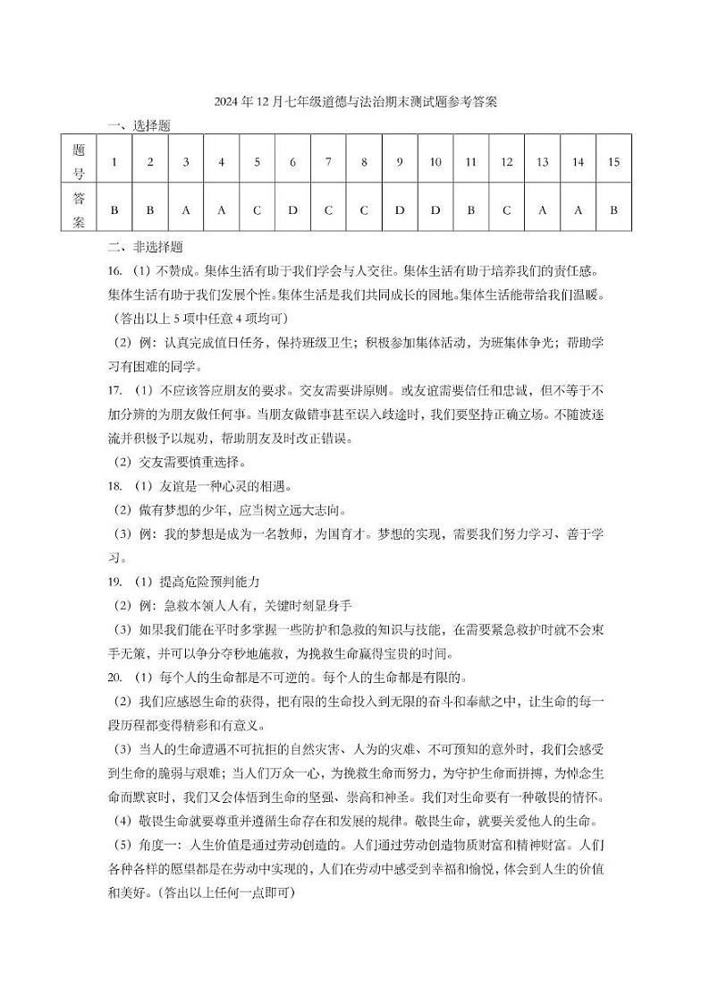 七年级道德与法治 2024年12月七年级期末道德与法治学科参考答案第1页