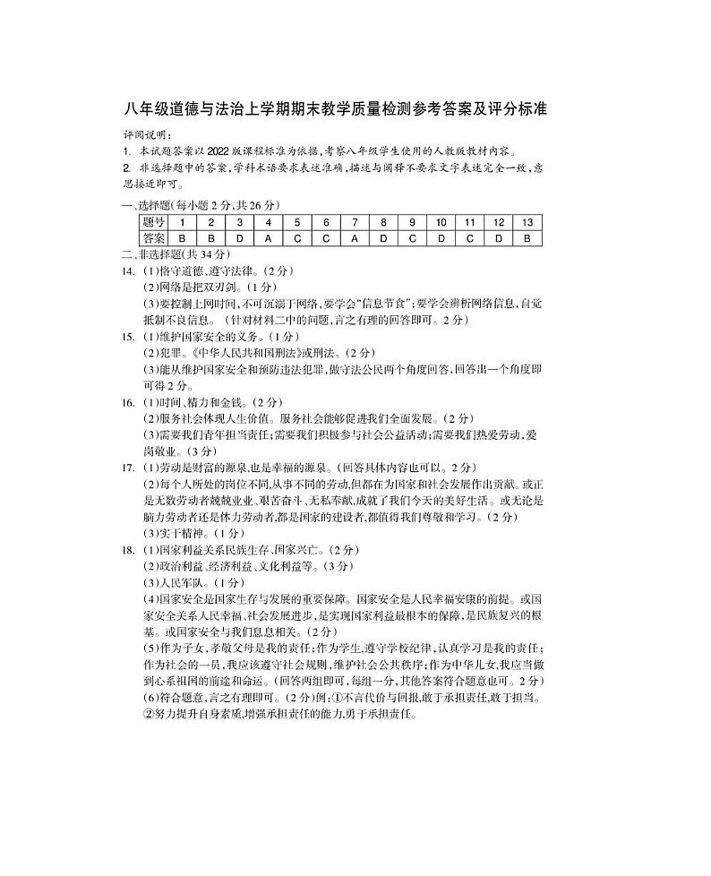 道德与法治 八年级答案第1页