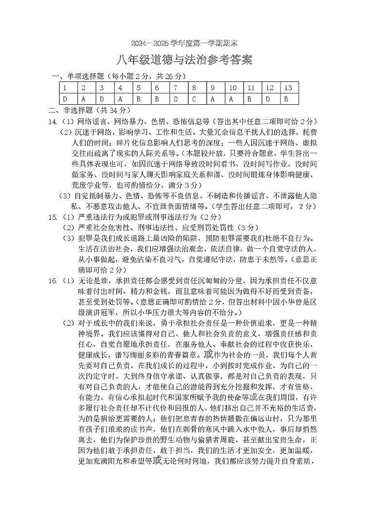 道德与法治 2024—2025学年度第一学期道德与法治八年级答案第1页