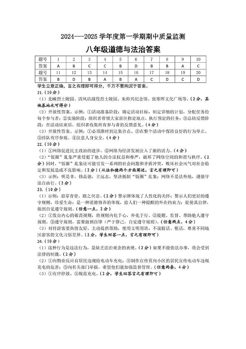 河北省保定市定州市2024-2025学年八年级上学期期中质量检测道德与法治试题 八年级期中道法答案第1页