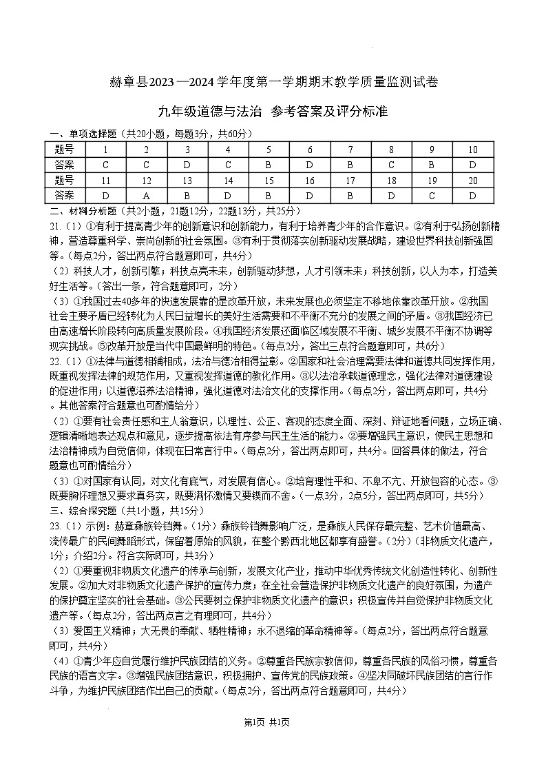 贵州省毕节市赫章县2023-2024学年上学期期末教学质量监测九年级道德与法治试题 赫章县2023—2024学年度第一学期期末教学质量监测试卷-九年级道德与法治-参考答案第1页
