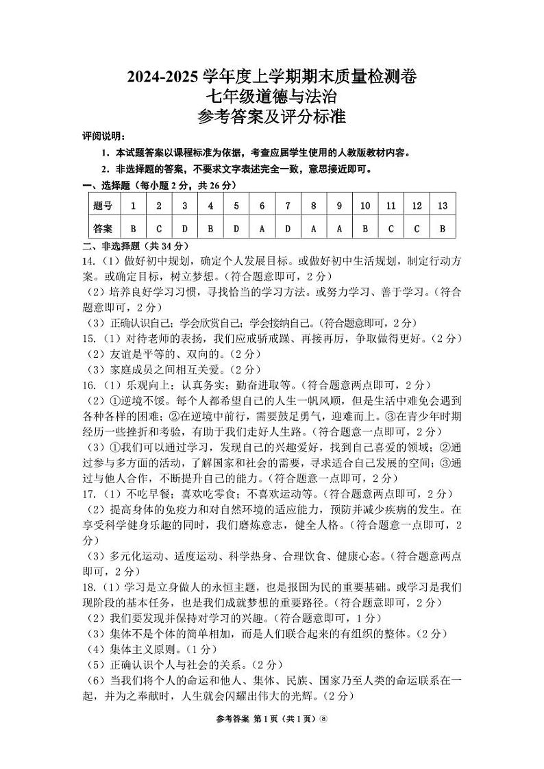 7上道法期末卷 A 答案第1页