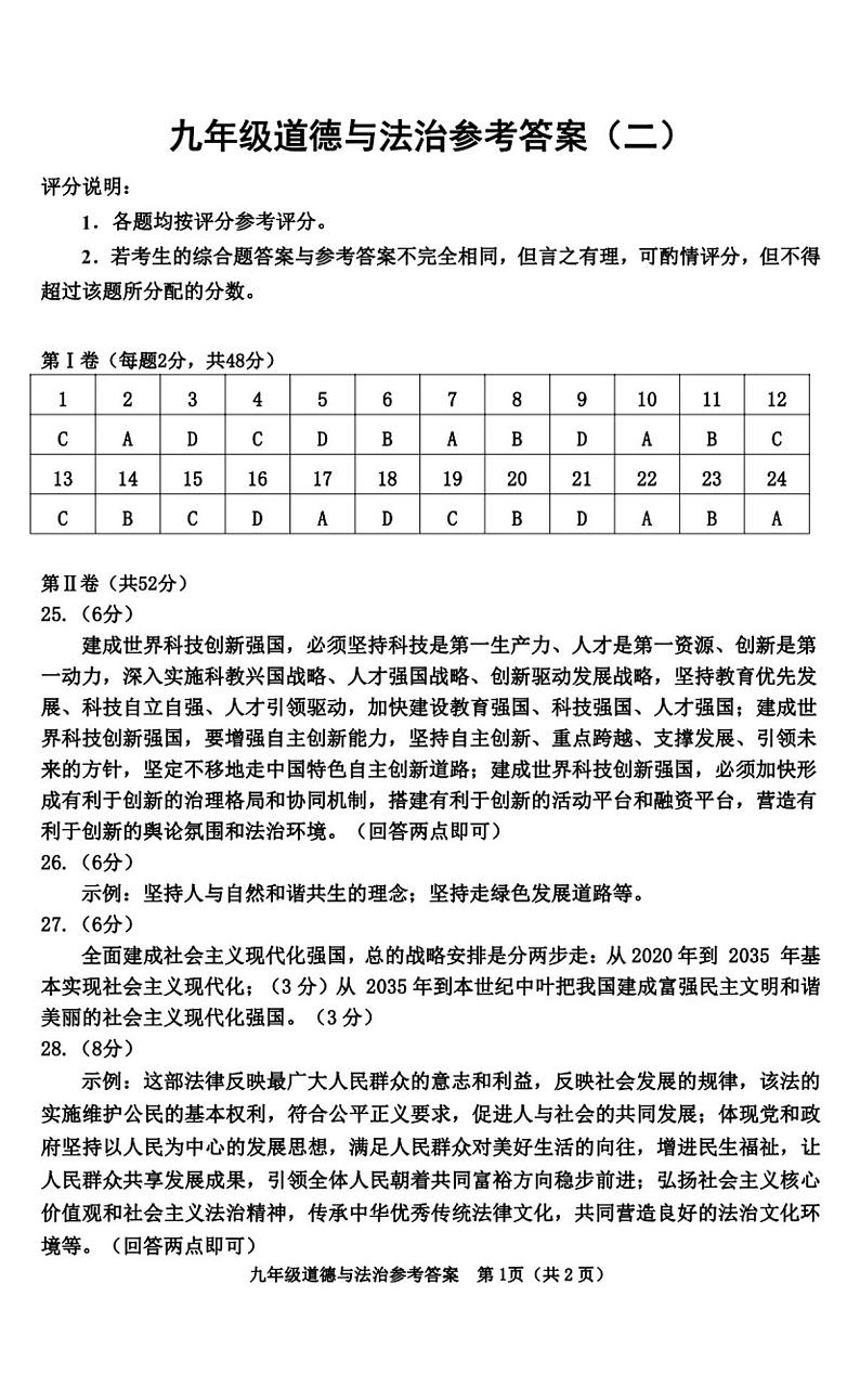 天津市河西区2024-2025学年九年级上学期期末道德与法治试题（解析版）第1页