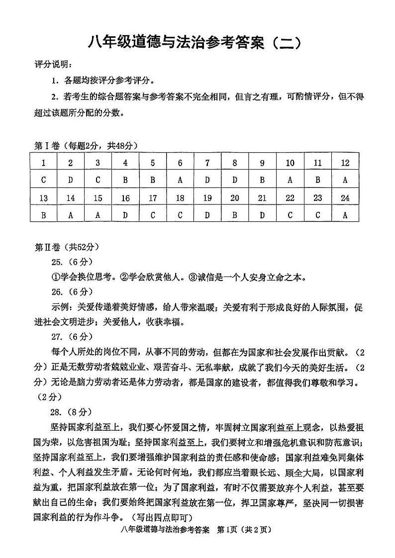天津市河西区2024-2025学年八年级上学期期末考试 道德与法治试题（解析版）第1页