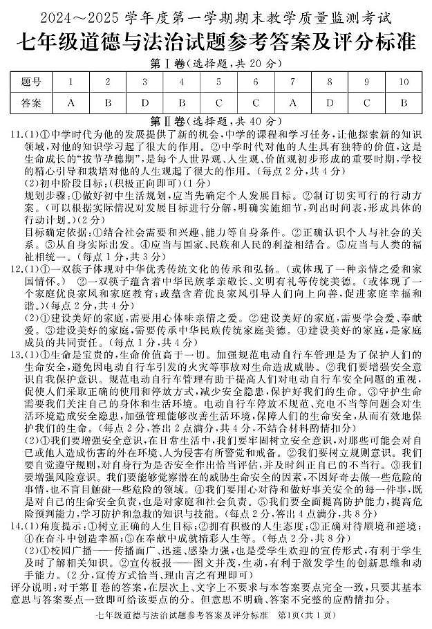 七年级道德与法治 期末答案第1页