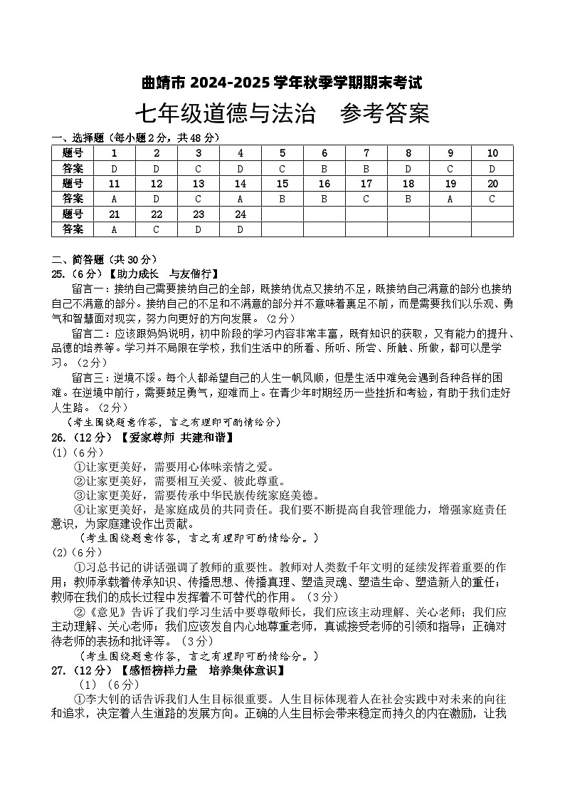 【7年级04道法】曲靖市2024-2025学年秋季学期期末考试七年级道德与法治答案（word文字版）第1页