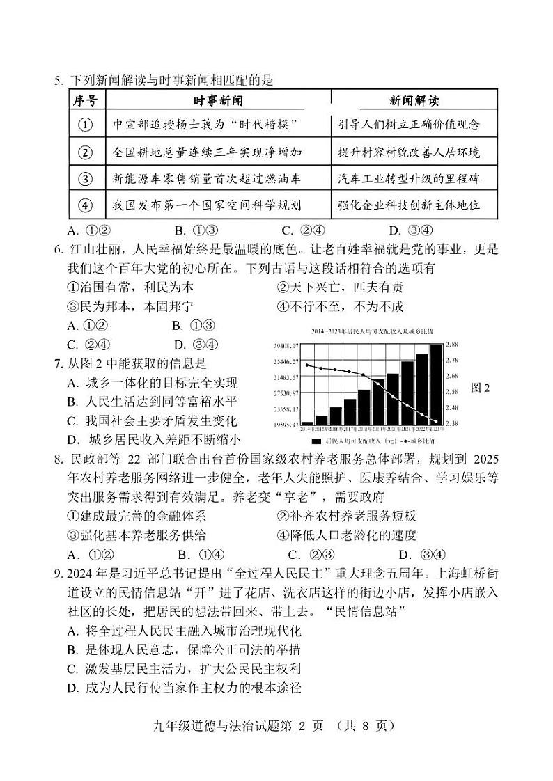 【道法试卷+答案】南平市2024-2025学年九年级上学期教学质量第一次抽测（期末）第2页
