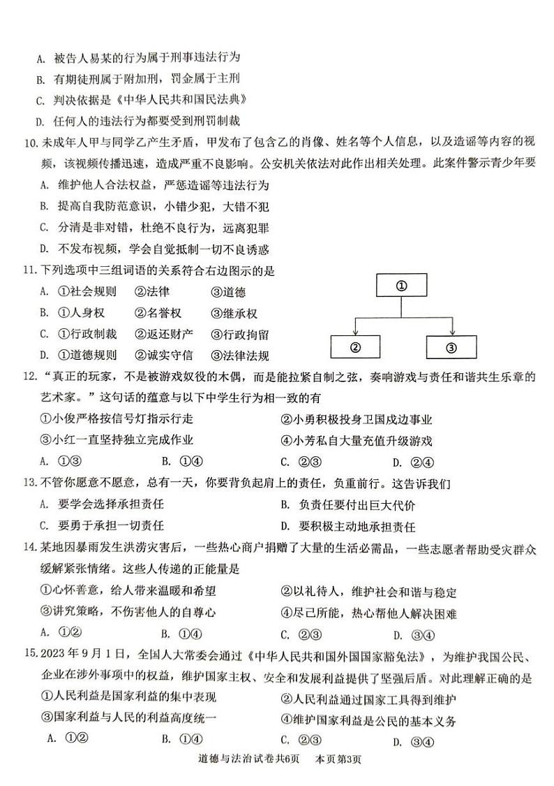 广东省佛山市南海区2024-2025学年度第一学期初中期末监测八年级道德与法治试卷第3页