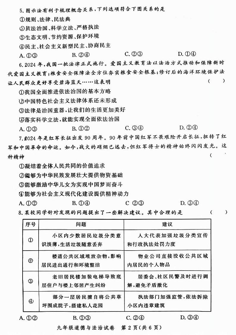 郑州市郑东新区2024-2025学年九年级上学期期末道德与法治试卷及答案第2页