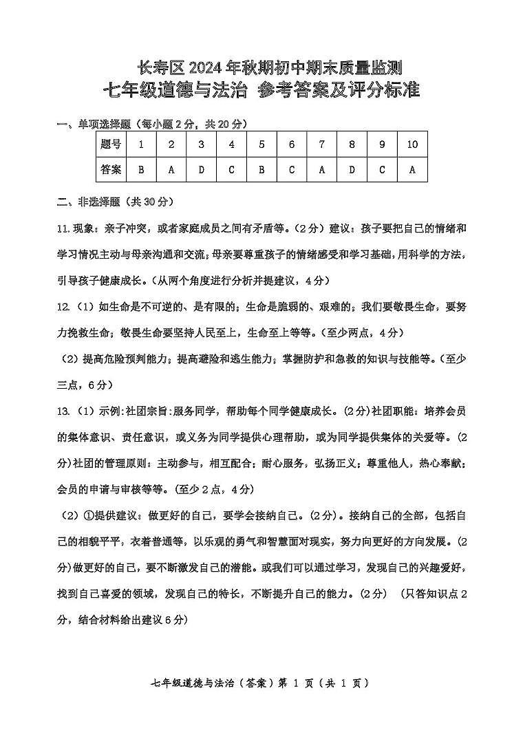 七年级道德与法治参考答案(2)第1页