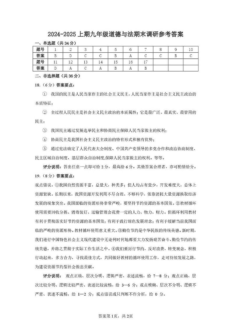 河南省新乡市卫辉市2024-2025学年九年级上学期期末道德与法治试题 2024-2025九年级上期期末调研道法参考答案第1页
