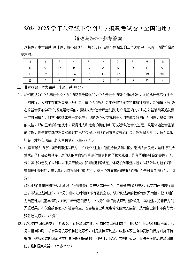 八年级道德与法治开学摸底考（全国通用02）（参考答案）第1页
