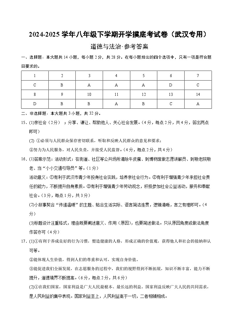 八年级道德与法治开学摸底考（武汉专用）（参考答案）第1页