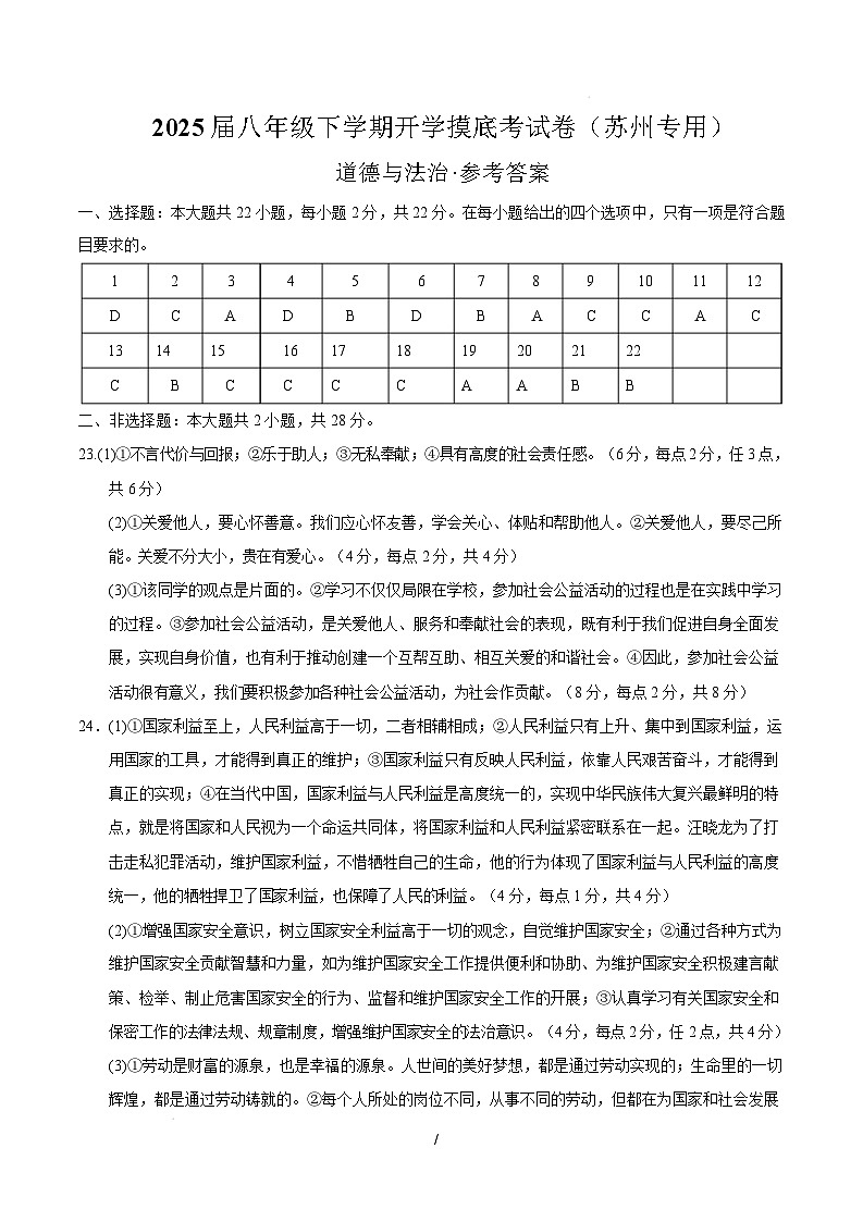 八年级道德与法治开学摸底考（苏州专用）（参考答案）第1页