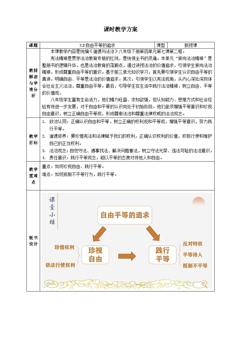 7.2自由平等的追求  教案 -2024-2025学年统编版道德与法治八年级下册第1页