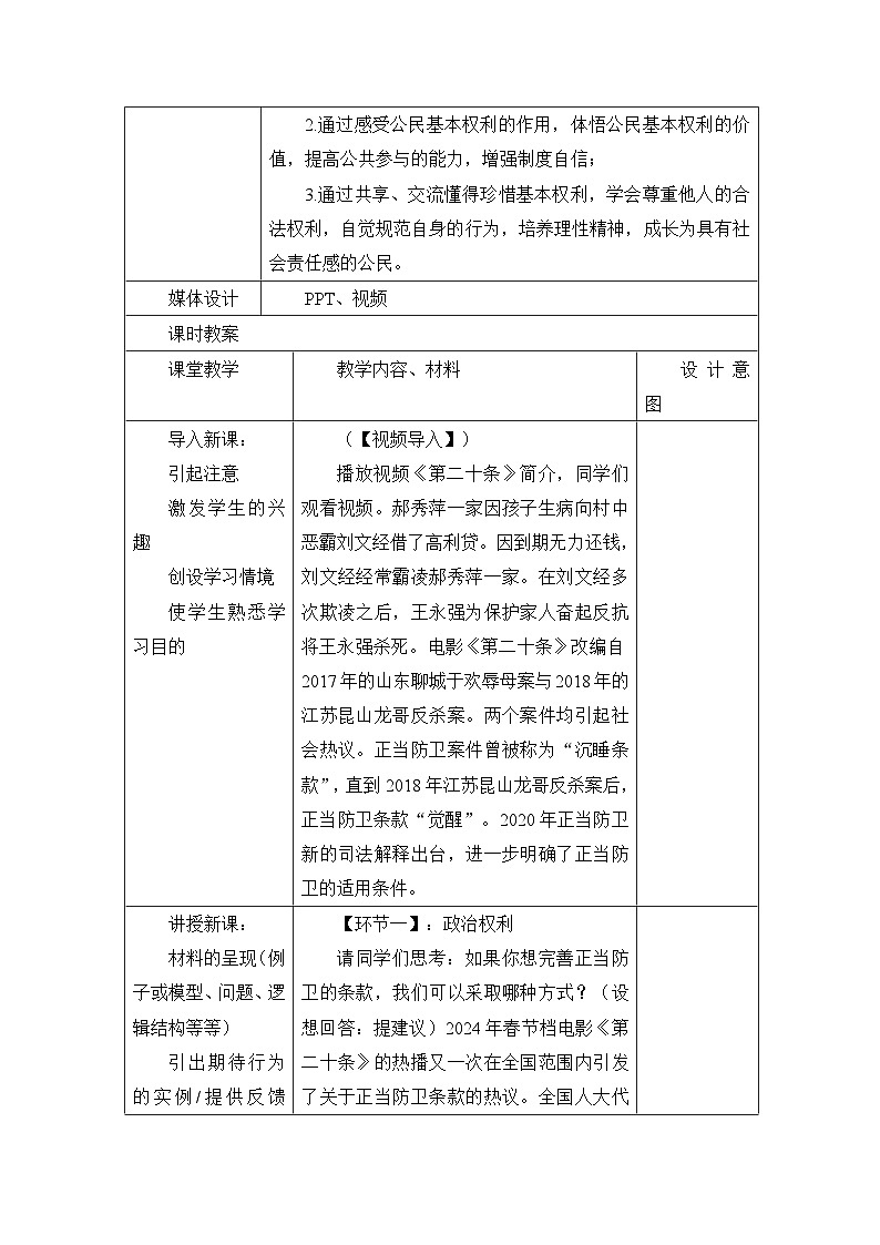 3.1 公民基本权利   教案 -2024-2025学年统编版道德与法治八年级下册第2页